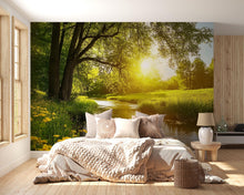 Load image into Gallery viewer, 3D Sunlit River Wallpaper Mural For Bedroom Or Living Room | Golden Hour Nature Wall Art With Flowers | Stylish Landscape Decor Gift