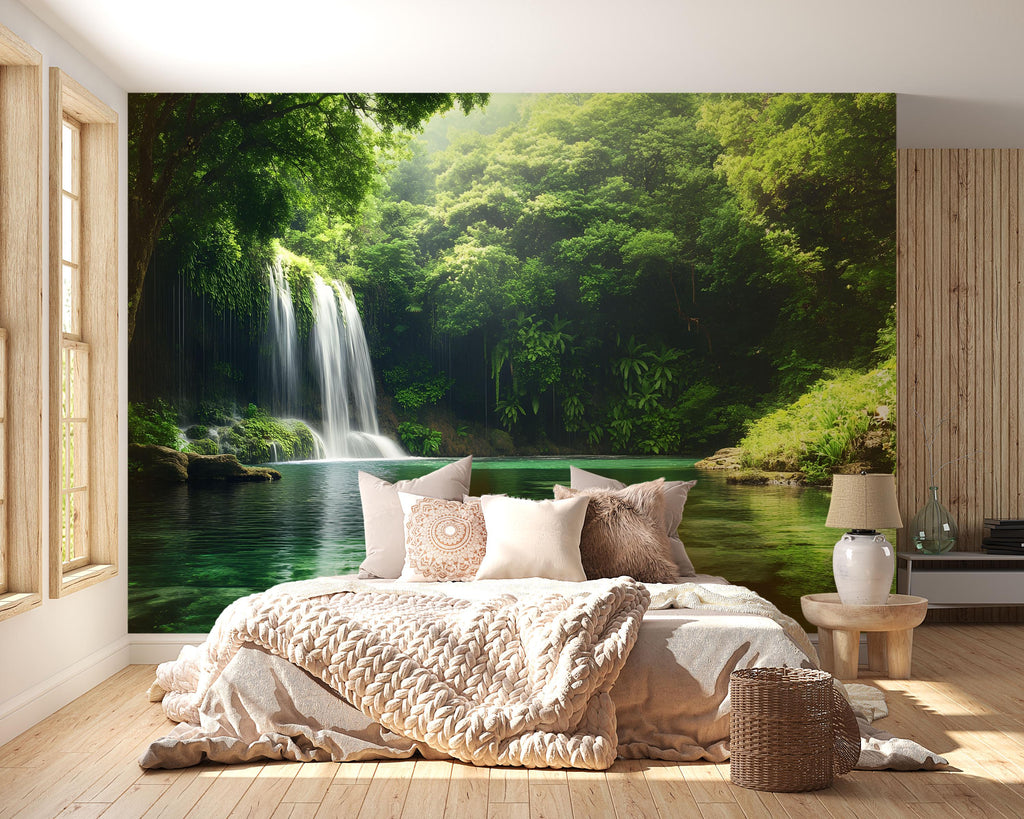 3D Tropical Waterfall Wallpaper Mural For Bedroom Or Living Room | Lush Jungle Wall Art With Greenery | Stylish Nature Decor Gift