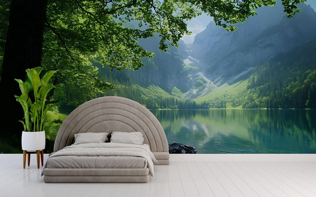 3D Lake View Wallpaper Mural With Mountain Landscape | Serene Nature Wall Art For Bedroom Or Cabin | Peaceful Green Forest Stylish