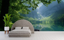 Load image into Gallery viewer, 3D Lake View Wallpaper Mural With Mountain Landscape | Serene Nature Wall Art For Bedroom Or Cabin | Peaceful Green Forest Stylish