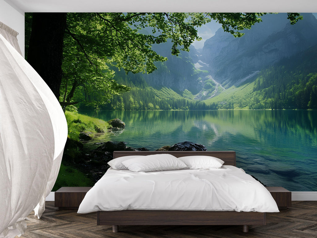 3D Lake View Wallpaper Mural With Mountain Landscape | Serene Nature Wall Art For Bedroom Or Cabin | Peaceful Green Forest Stylish