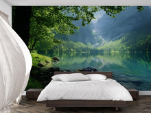 Load image into Gallery viewer, 3D Lake View Wallpaper Mural With Mountain Landscape | Serene Nature Wall Art For Bedroom Or Cabin | Peaceful Green Forest Stylish