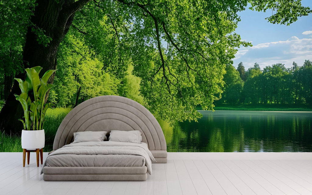 Lush Forest Lake Wallpaper Mural With 3D Realistic Trees And Water Reflection | Tranquil Green Nature Wall Art For Bedroom Or Spa