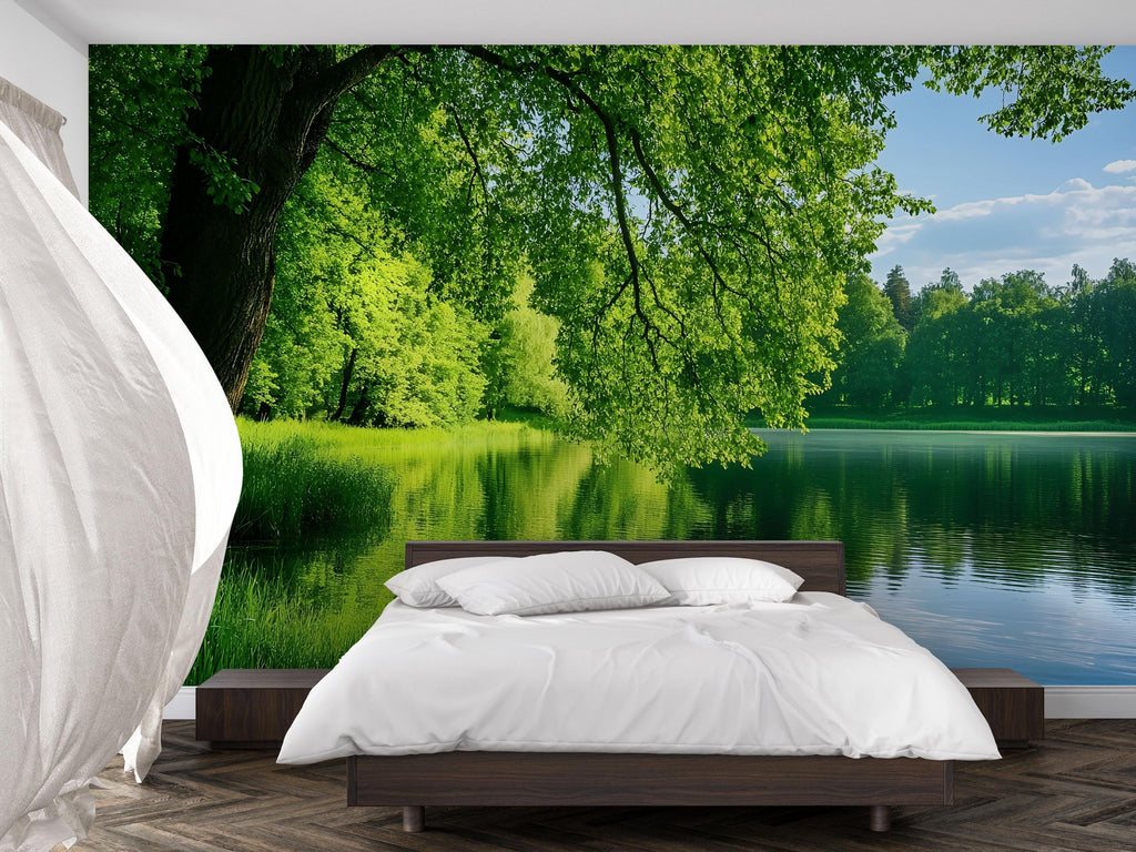 Lush Forest Lake Wallpaper Mural With 3D Realistic Trees And Water Reflection | Tranquil Green Nature Wall Art For Bedroom Or Spa