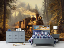 Load image into Gallery viewer, Vintage Train Wall Mural for Kids Room – Rustic Steam Engine Forest Wallpaper – Boys Bedroom Railroad Decor Vn222