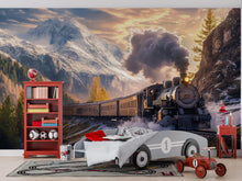 Load image into Gallery viewer, Steam Train Wall Mural – Vintage Railway in Mountain Landscape | Scenic Winter Train Wallpaper | Rustic Travel Home Decor Vn226