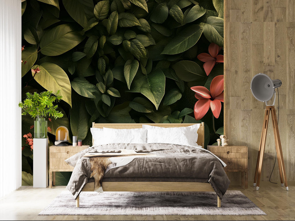 Botanical Leaf Wall Mural | Tropical Green Jungle Wallpaper with 3D Flowers | Bedroom Nature Accent Wall Art Vn234