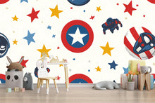Load image into Gallery viewer, Superhero Kids Wall Mural | Captain America Shield Star Print | Boys Room Decor | Hero Nursery Wallpaper | Playroom Wall Art Vn275
