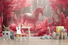 Load image into Gallery viewer, Pink Unicorn Nursery Wall Mural – Fantasy Forest Wallpaper for Baby Girl Room, Magical Pastel Woodland Décor Vn 303