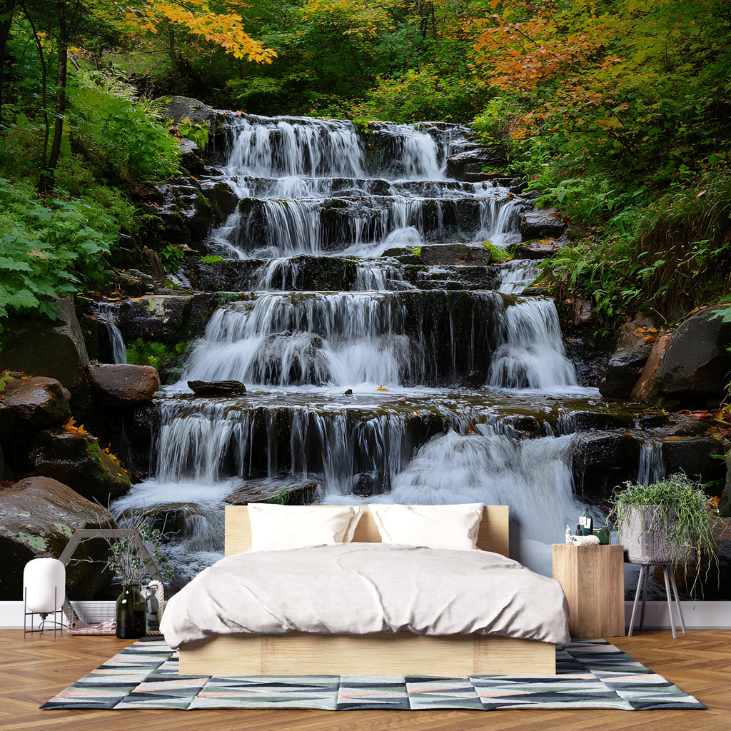 Tiered Waterfall Wallpaper Mural With Flowing Stream In Lush Forest | Realistic 3D Nature Wall Art For Bedroom Or Spa | Stylish Scenic Decor