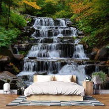 Load image into Gallery viewer, Tiered Waterfall Wallpaper Mural With Flowing Stream In Lush Forest | Realistic 3D Nature Wall Art For Bedroom Or Spa | Stylish Scenic Decor