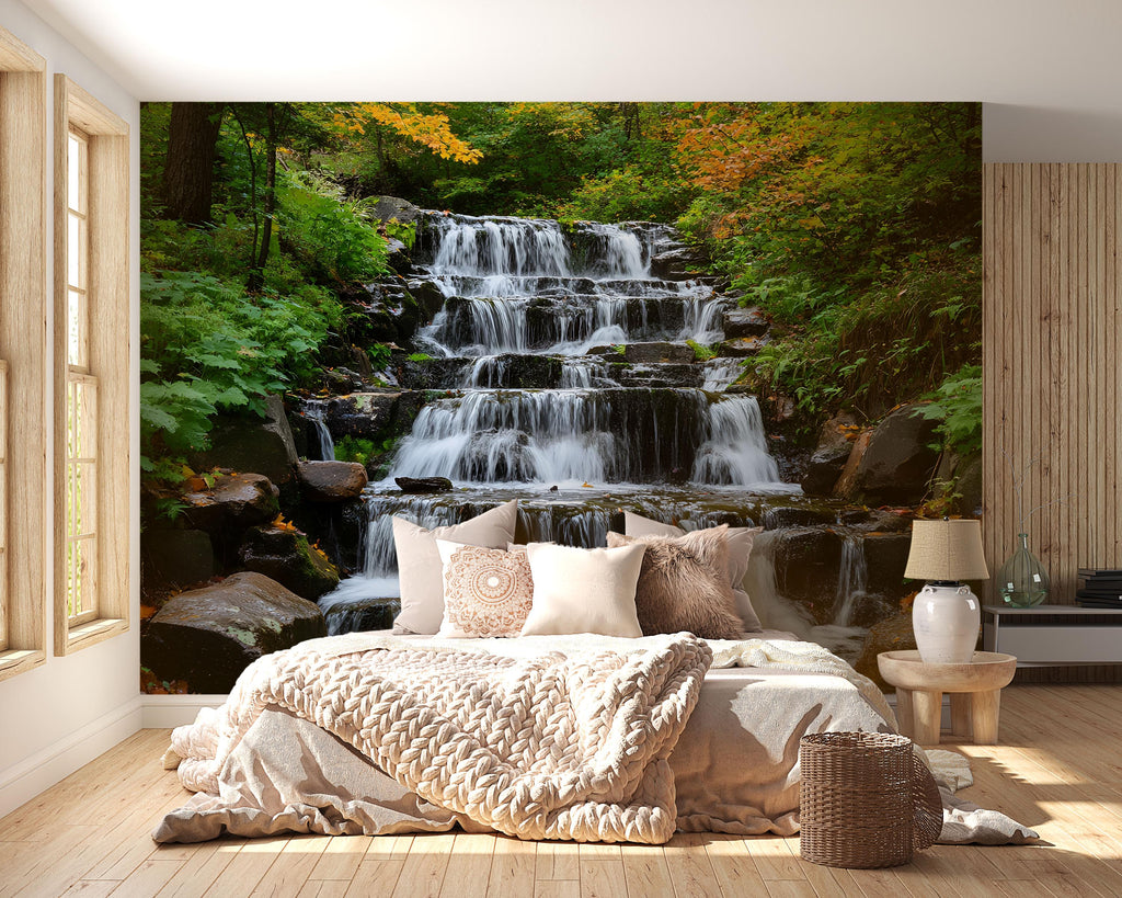 Tiered Waterfall Wallpaper Mural With Flowing Stream In Lush Forest | Realistic 3D Nature Wall Art For Bedroom Or Spa | Stylish Scenic Decor