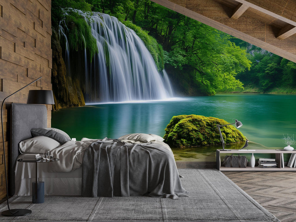 Vertical Waterfall Forest Wallpaper Mural | Lush Jungle Nature Wall Art With Cascading Stream | 3D Scenic Decor For Bedroom Or Spa