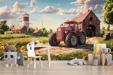 Load image into Gallery viewer, Farm Tractor Wall Mural – Kids Room Decor, Barn &amp; Field Theme Wallpaper, Country Nursery Art, Red Tractor Mural Backdrop Vn313