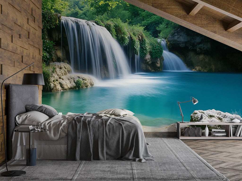 Tropical Blue Waterfall Wallpaper Mural | 3D Scenic Nature Wall Art With Crystal Clear Stream | Relaxing Jungle Forest Decor For Bedroom
