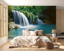 Load image into Gallery viewer, Tropical Blue Waterfall Wallpaper Mural | 3D Scenic Nature Wall Art With Crystal Clear Stream | Relaxing Jungle Forest Decor For Bedroom