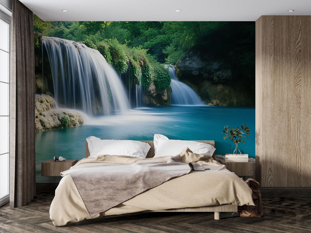 Tropical Blue Waterfall Wallpaper Mural | 3D Scenic Nature Wall Art With Crystal Clear Stream | Relaxing Jungle Forest Decor For Bedroom