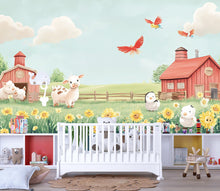 Load image into Gallery viewer, Farm Animal Wall Mural for Kids Room – Cartoon Barnyard Wallpaper with Piglet, Birds, Sunflowers – Nursery Farm Theme Decor Vn317