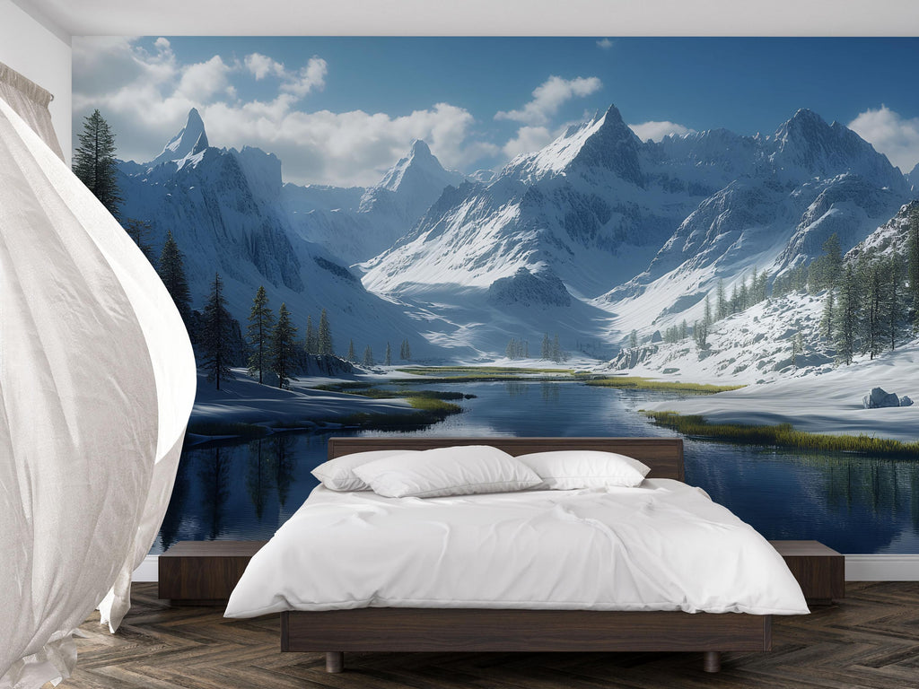 Snowy Mountain Wallpaper Mural | 3D Winter Landscape Wall Art With River And Pines | Serene Nature Decor For Bedroom Or Cabin | Holiday Gift