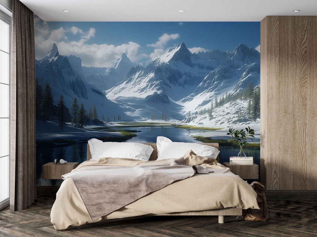 Snowy Mountain Wallpaper Mural | 3D Winter Landscape Wall Art With River And Pines | Serene Nature Decor For Bedroom Or Cabin | Holiday Gift