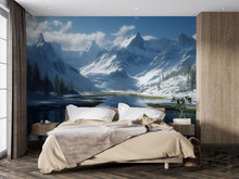 Load image into Gallery viewer, Snowy Mountain Wallpaper Mural | 3D Winter Landscape Wall Art With River And Pines | Serene Nature Decor For Bedroom Or Cabin | Holiday Gift