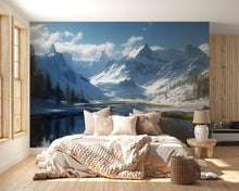 Load image into Gallery viewer, Snowy Mountain Wallpaper Mural | 3D Winter Landscape Wall Art With River And Pines | Serene Nature Decor For Bedroom Or Cabin | Holiday Gift