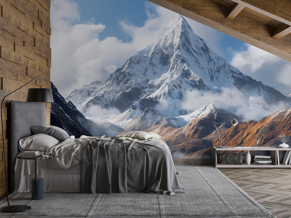 Snowy Mountain Peak Wallpaper Mural | Majestic 3D Winter Landscape Wall Art For Bedroom Or Office | Modern Nature Decor | Scenic Gift