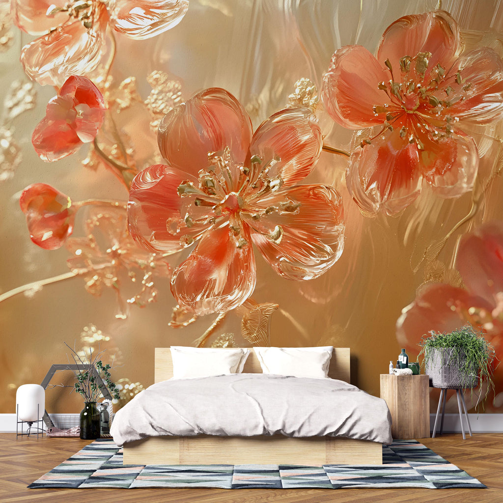3D Glass Flower Wall Mural - Luxury Floral Textured Art for Modern Home Decor - Birthday & Holiday Gift