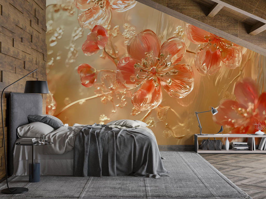 3D Glass Flower Wall Mural - Luxury Floral Textured Art for Modern Home Decor - Birthday & Holiday Gift