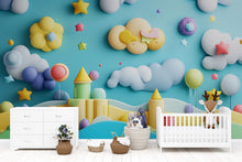 Load image into Gallery viewer, Whimsical Kids Room Wall Mural | 3D Cloud Star Castle Wallpaper | Colorful Nursery Decor | Fantasy Playroom Art Print Vn330