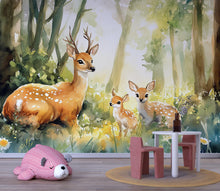 Load image into Gallery viewer, Whimsical Deer Forest Wall Mural for Kids Room – Woodland Nursery Wallpaper – Baby Room Animal Art – Removable Peel and Stick Vn336