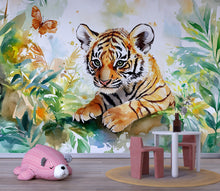 Load image into Gallery viewer, Tiger Cub Jungle Mural – Watercolor Safari Wall Art for Kids Room Vn337