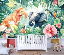 Load image into Gallery viewer, Jungle Safari Animal Wall Mural for Kids Room – Watercolor Elephant Parrot Decor Vn341