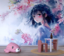 Load image into Gallery viewer, Watercolor Anime Girl Wall Mural – Soft Pastel Japanese Art for Kids Room, Kawaii Wall Decor, Fantasy Floral Illustration Print Vn351