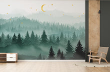 Load image into Gallery viewer, Magical Night Forest Wallpaper Watercolor Woodland Mural with Moon Stars Enchanted Forest Wall Art for Nursery Bedroom or Living Room 754RS
