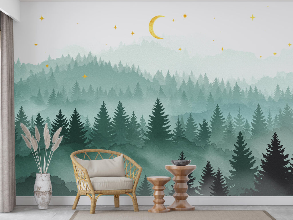 Magical Night Forest Wallpaper Watercolor Woodland Mural with Moon Stars Enchanted Forest Wall Art for Nursery Bedroom or Living Room 754RS