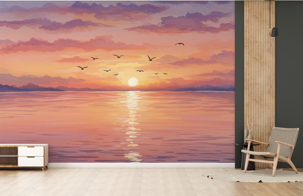 Sunset Beach Wallpaper Watercolor Sea Sunset Mural with Ocean Beach Wall Art for Nursery Bedroom or Living Room 755RS