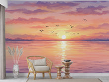 Load image into Gallery viewer, Sunset Beach Wallpaper Watercolor Sea Sunset Mural with Ocean Beach Wall Art for Nursery Bedroom or Living Room 755RS