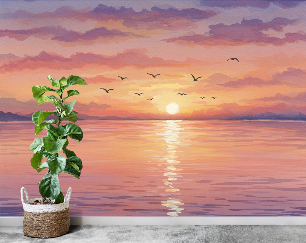 Sunset Beach Wallpaper Watercolor Sea Sunset Mural with Ocean Beach Wall Art for Nursery Bedroom or Living Room 755RS