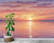 Load image into Gallery viewer, Sunset Beach Wallpaper Watercolor Sea Sunset Mural with Ocean Beach Wall Art for Nursery Bedroom or Living Room 755RS