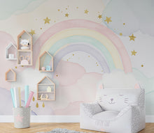 Load image into Gallery viewer, Rainbow Pastel Wallpaper Watercolor Rainbow Mural Nursery Stars Rainbow Wall Art for Nursery Bedroom or Living Room 757RS