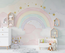 Load image into Gallery viewer, Rainbow Pastel Wallpaper Watercolor Rainbow Mural Nursery Stars Rainbow Wall Art for Nursery Bedroom or Living Room 757RS