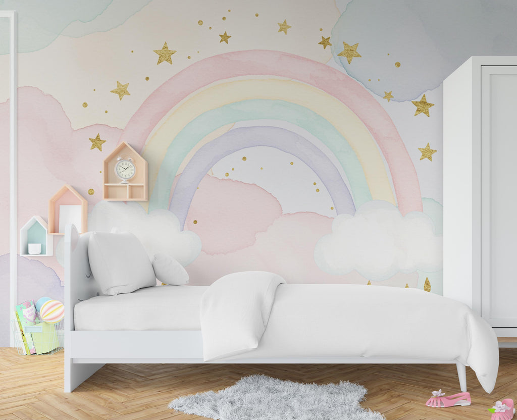 Rainbow Pastel Wallpaper Watercolor Rainbow Mural Nursery Stars Rainbow Wall Art for Nursery Bedroom or Living Room 757RS