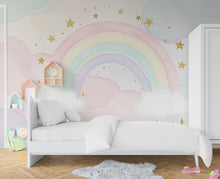 Load image into Gallery viewer, Rainbow Pastel Wallpaper Watercolor Rainbow Mural Nursery Stars Rainbow Wall Art for Nursery Bedroom or Living Room 757RS