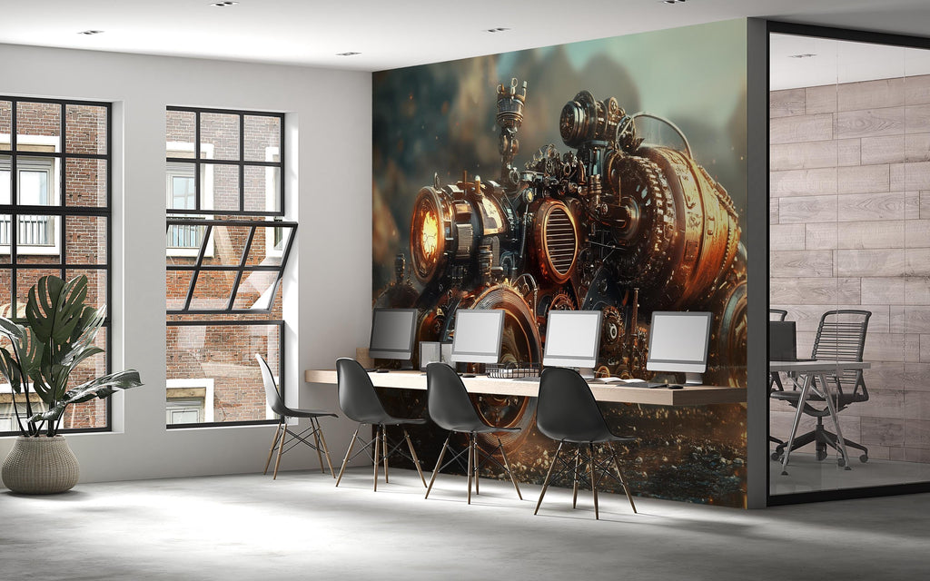 Steampunk Engine Wall Mural – Industrial Futuristic Art Print | Sci-Fi Bedroom Decor | Dark Fantasy Wall Art | Steampunk Home Accent Vn377