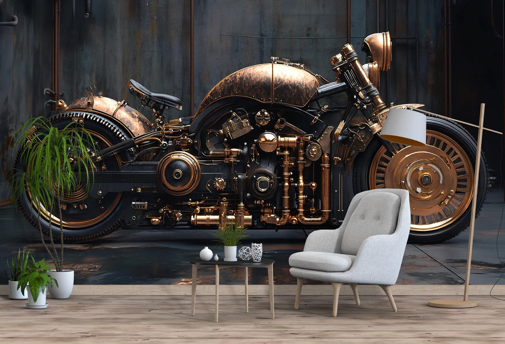 Steampunk Motorcycle Wall Mural | Industrial Office Art | Bold Vintage Decor Vn378