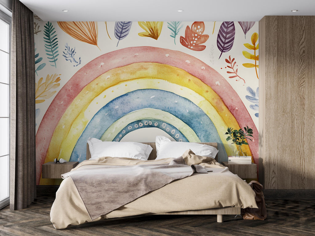 Watercolor Rainbow Wall Mural – Colorful Boho Kids Room Wallpaper, Gender Neutral Nursery Decor, Large Peel and Stick Wall Art Vn401