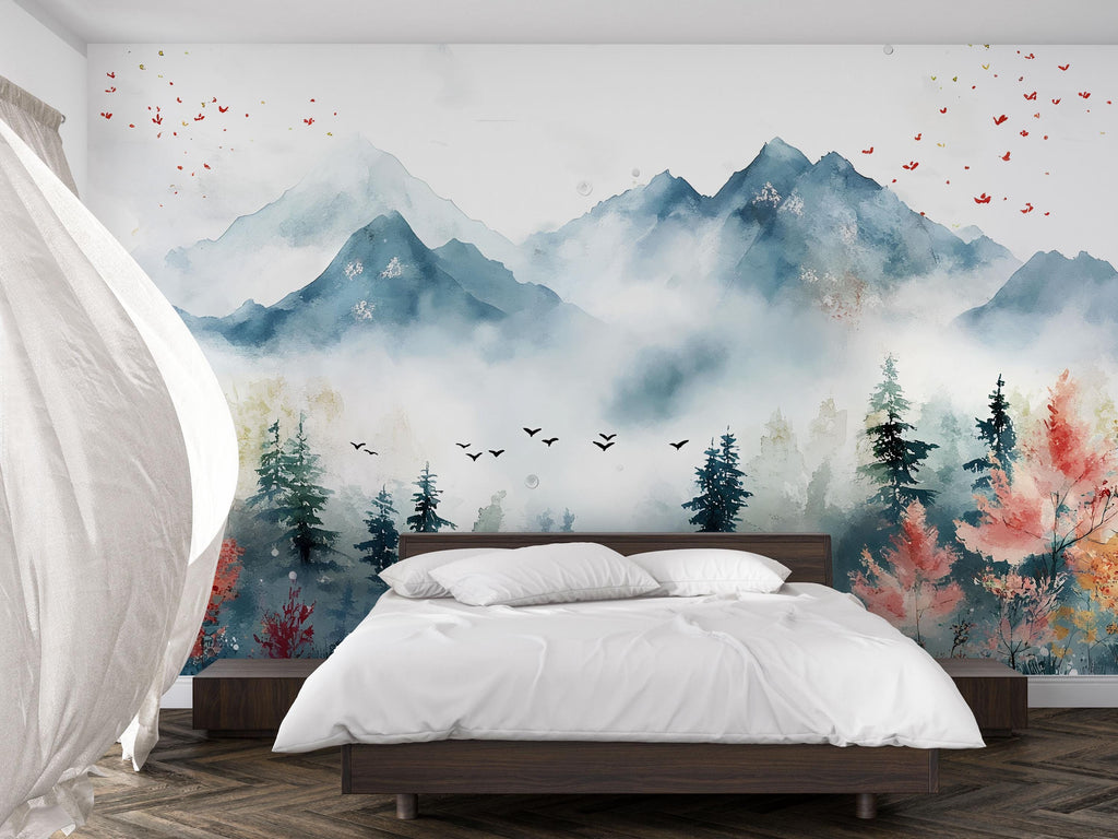 3D Nature Wallpaper Mural With Misty Mountains, Forest Trees And Birds – Stylish Landscape Wall Art For Bedroom, Living Room Or Holiday