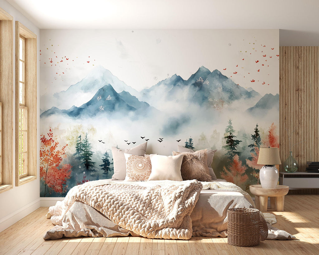 3D Nature Wallpaper Mural With Misty Mountains, Forest Trees And Birds – Stylish Landscape Wall Art For Bedroom, Living Room Or Holiday