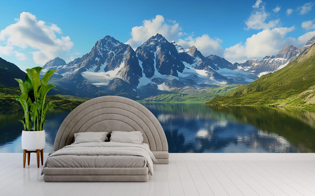 3D Mountain Lake Wallpaper Mural With Snowy Peaks And Reflections – Realistic Nature Wall Art For Bedroom, Cabin Or Living Room